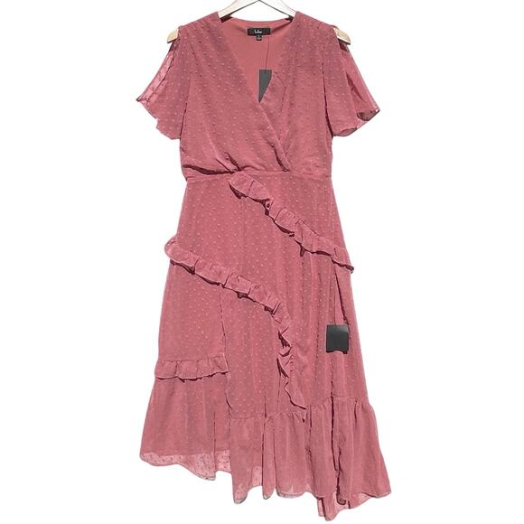 NWT LULUS Women’s Next to You Rusty Rose Swiss Dot Ruffled Midi Dress - Picture 4 of 8